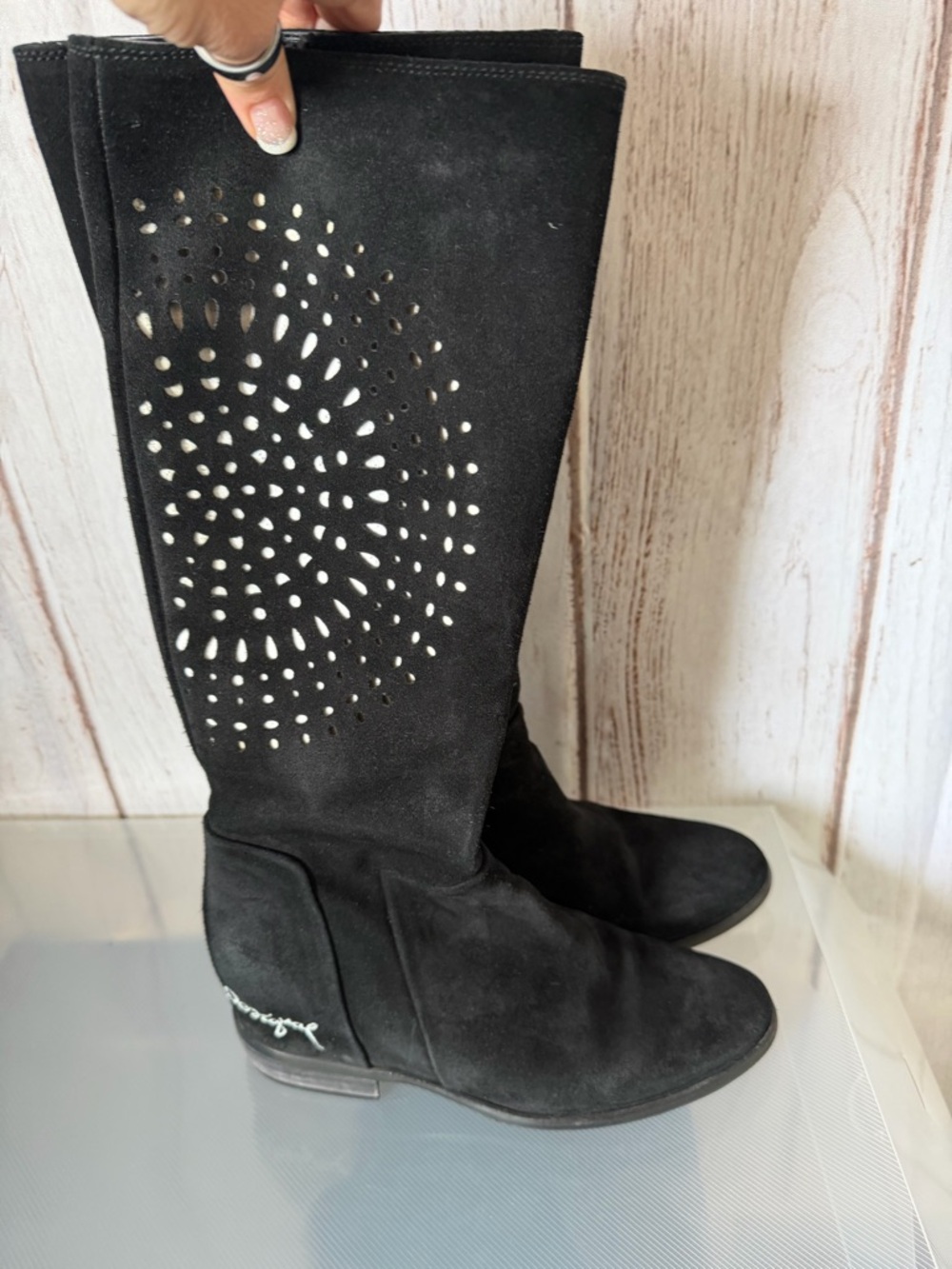 Desigual Black Suede Laser-Cut Mandala Tall Boots Size 38